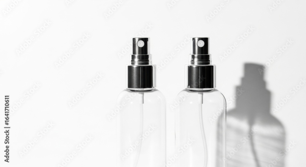 Naklejka premium Pair of transparent cosmetic spray bottles with silver and black tops, with a strong shadow on a white surface.