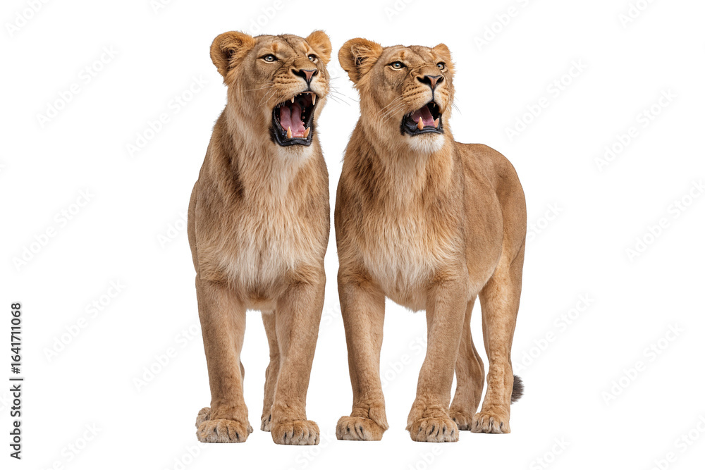 Obraz premium Two adult lionesses standing side by side with mouths open