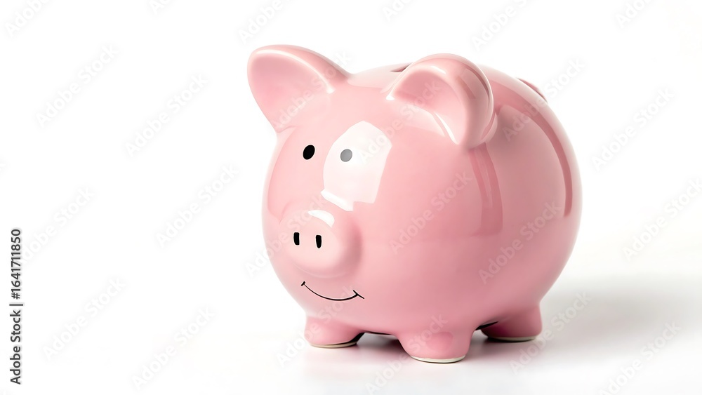 Cheerful Pink Piggy Bank Symbolizing Saving Money and Financial Planning for Future Prosperity and Economic Stability on White Background Cheerful Pink Piggy Bank Symbolizing Saving Money and Financial Planning for Future Prosperity and Economic Stability on White Background