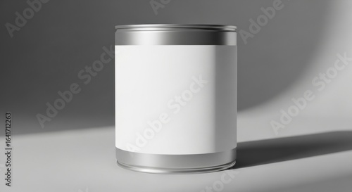 Silver metal tin can with a blank white label for product branding. Conceptual packaging mockup on a plain background.