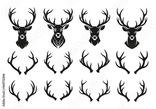 Majestic deer heads and elegantly curved antlers in striking black silhouette designs, perfect for logos and branding.