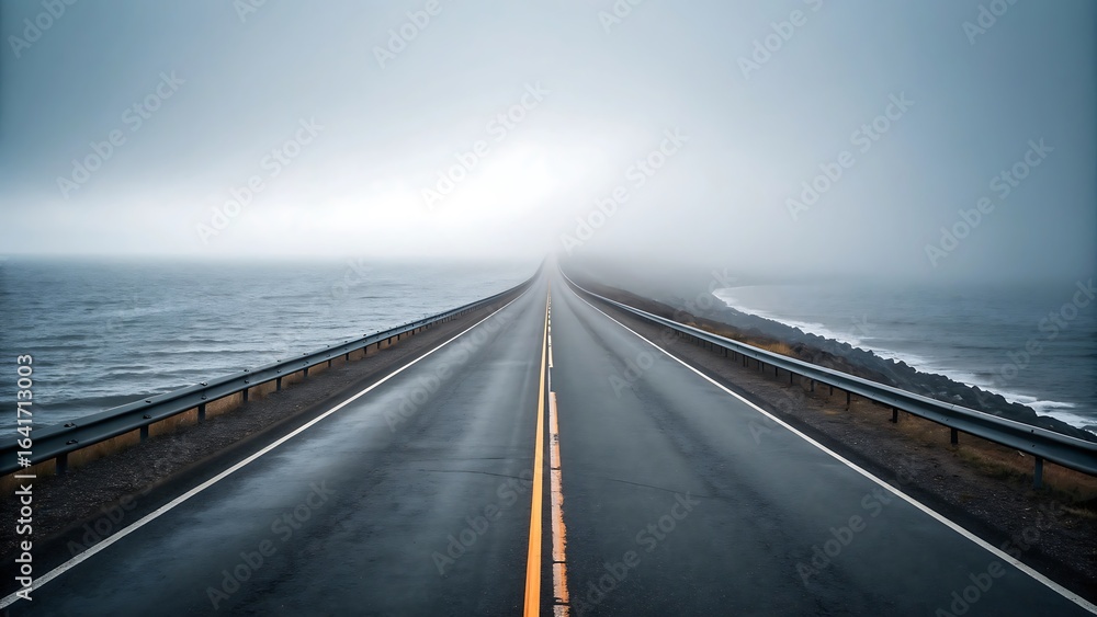 Fototapeta premium Coastal Highway Disappearing into Fog a Road to Nowhere Alongside the Ocean on a Moody Day Exploring the Coastline on a Roadtrip