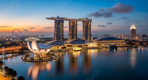 Singapore Skyline at Dusk: Marina Bay Sands, ArtScience Museum, and Iconic Ferris Wheel