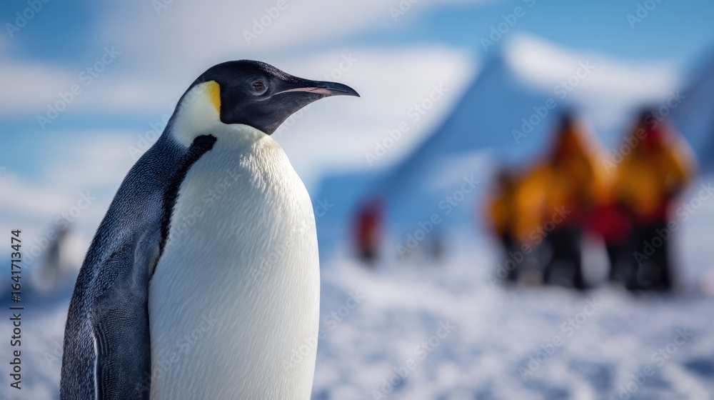 Fototapeta premium The solitary emperor penguin standing majestically in a snowy landscape.