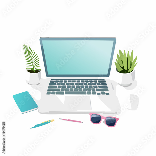 An illustration of a laptop computer with code on the screen, surrounded by design elements, on a desk with a cup of coffee. Free Vector
2