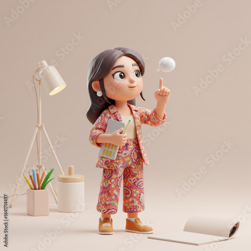 3D Cartoon Female Designer with Eureka Moment, Modern Workspace, Creative Solution