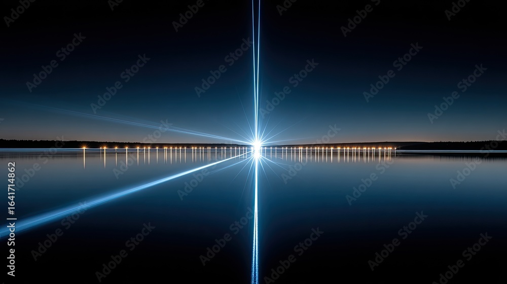 Fototapeta premium Night lake, light trails, vibrant starburst