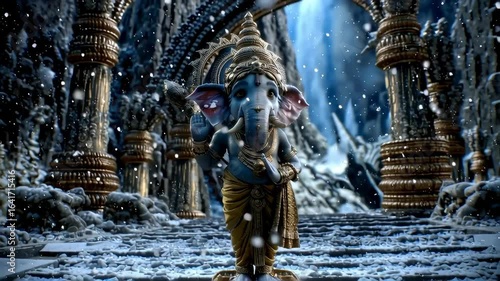 Lord Ganesha Standing in Snowy Temple Courtyard