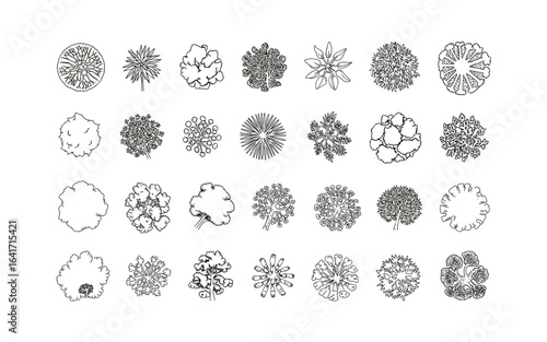 Architectural Tree Top View Set: Hand-Drawn Black and White Collection for Landscape Design and Site Planning in Vector Format
