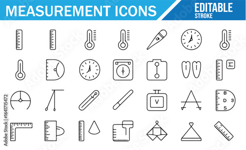 Collection of measurement-related icons representing precision tools and scientific instruments.