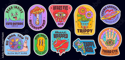 Hippie groovy label stickers with trippy characters and funny psychedelic smiles, vector set. Groovy stickers with rainbow snail and flowers, funky mushroom with acid color drips and heart with snake