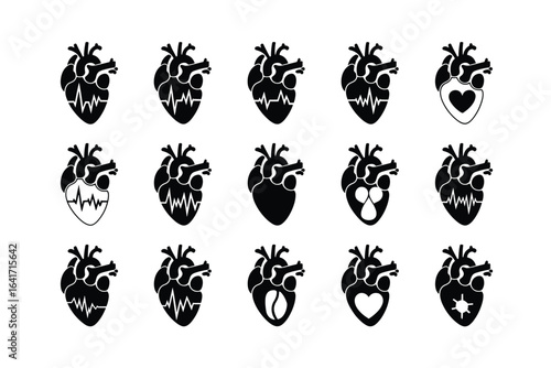 Human Heart Anatomy Icons with Variations: Black Vector Set Representing Health, Medicine, Love, and Heart Disease Concepts on a White Background
