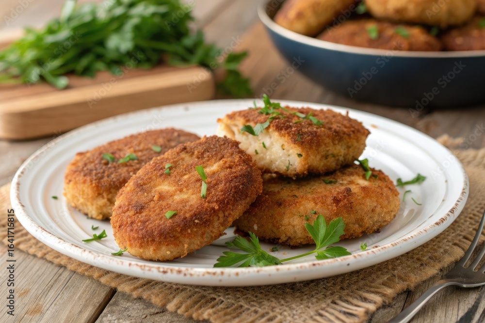 Delicious Homemade Fish Cakes Served on a White Plate With Parsley Garnish Delicious Homemade Fish Cakes Served on a White Plate With Parsley Garnish