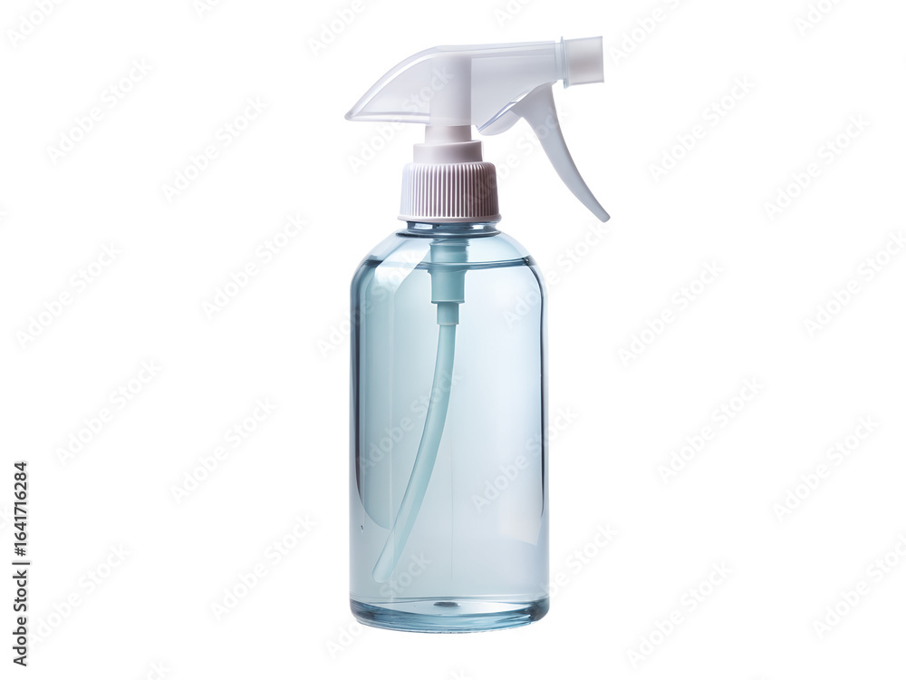 A clear blue plastic spray bottle with a white trigger sprayer, isolated on transparent background A clear blue plastic spray bottle with a white trigger sprayer, isolated on transparent background