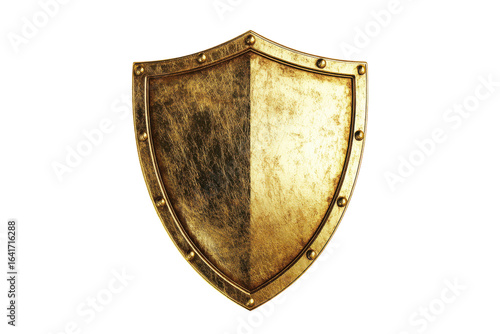 Ancient golden knight s shield isolated on transparent background. Round gold shield isolated on a white background.