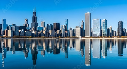 Chicago Skyline Reflection: Stunning Cityscape with Willis Tower and Lake Michigan