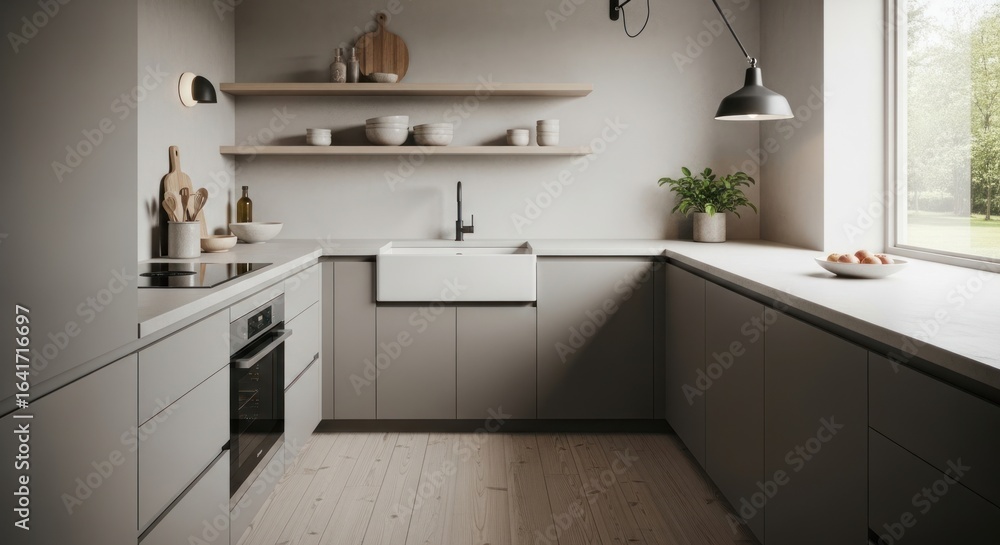 Fototapeta premium Modern minimalist kitchen design with light grey cabinets, white sink, and wooden shelves.