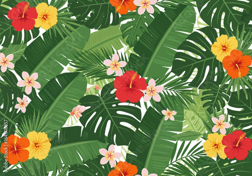 Vibrant tropical foliage pattern featuring lush green leaves and colorful hibiscus and plumeria flowers creating a beautiful, exotic, and refreshing summer atmosphere perfect for design backgrounds