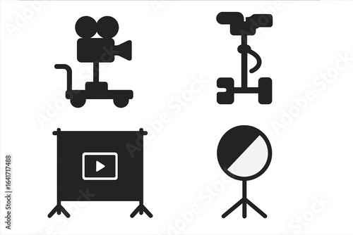 Filmmaking Equipment Icons Solid Black Vector Set. Movie Camera Dolly, Stabilizer, Projection Screen, Studio Lighting, Video Production Gear Symbols, Film Industry, Multimedia Tools