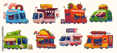 Cartoon food truck cars, festival street foodtruck vans of burgers, donuts, bbq and vegan meal. Vector food trucks of asian, mexican, american and turkish cuisine. Sushi, taco, noodle shops on wheels