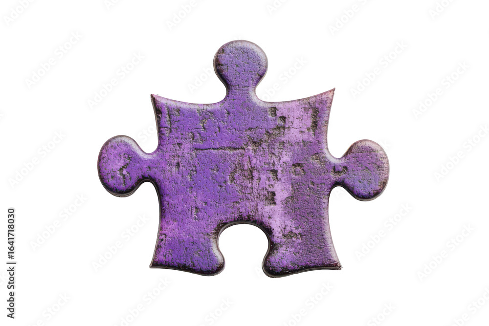 Fototapeta premium Single purple textured puzzle piece isolated on transparent background. Textured purple puzzle piece with a matte surface isolated on white background.
