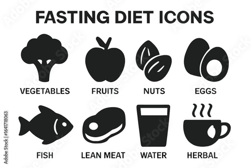 Fasting Diet Food Icons Set. Solid Black Vector Icons of Healthy Foods: Vegetables, Fruits, Nuts, Eggs, Fish, Lean Meat, Water, Herbal Tea. Nutrition Symbols for Intermittent Fasting Diet Plans.