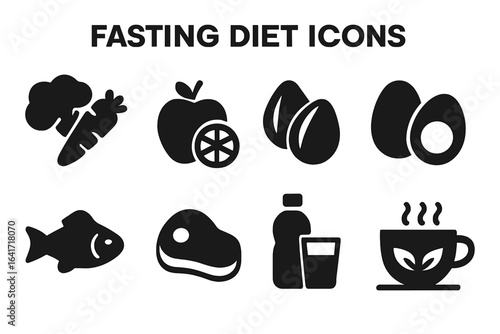 Fasting Diet Nutrition Icons Set. Solid Filled Vector Symbols of Healthy Foods—Vegetables, Fruits, Nuts, Eggs, Fish, Lean Meat, Water, Herbal Tea for Intermittent Fasting Meal Planning