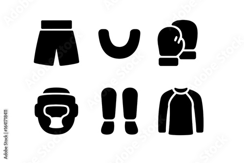 Fight Gear Icons Solid Filled Vector Set of Boxing Shorts, Mouthguard, Gloves, Headgear, Shin Guards, and Rash Guard Apparel for Combat Sports and Martial Arts