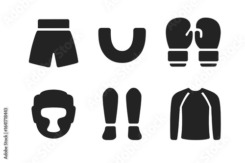 Boxing and Martial Arts Protective Gear Icons Set. Solid Black Silhouette Collection Includes Boxing Shorts, Mouthguard, Gloves, Headgear, Shin Guards, Rash Guard Apparel for Fight Sports Vector