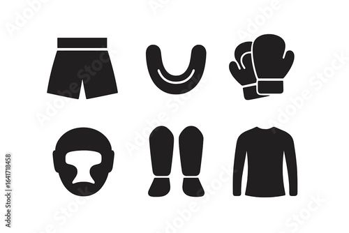 Fight Gear Icons Set, Solid Filled Vector of Boxing Shorts, Mouthguard, Gloves, Headgear, Shin Guards, Rash Guard Apparel, Combat Sports Protective Equipment