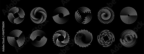 Line round spiral circular shapes, abstract speed swirl movement vector graphic elements. Abstract modern dynamic motion geometric shapes with spiral line pattern. White outline swirls and circles set