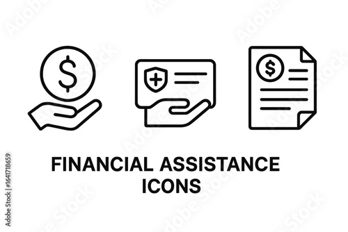 Financial Assistance Outline Icons Set. Money support, insurance card, hospital bill, dollar sign, business help, charity, medical aid, healthcare finance. Editable vector isolated on transparent.