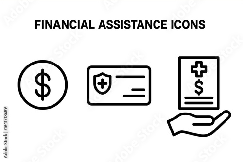 Financial Aid and Insurance Icons Set. Dollar Symbol, Insurance Card, Medical Bill, Payment Assistance, Healthcare Finance, Charity Donation, Outline Vector Illustration, Transparent Background