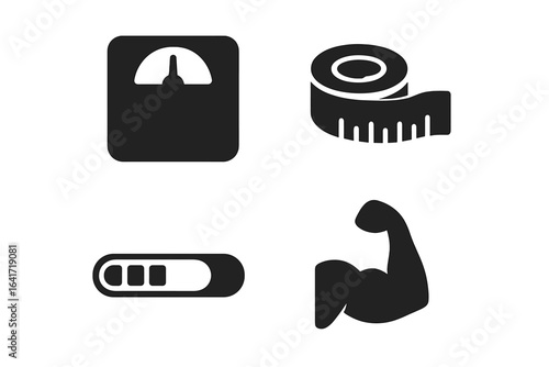 Fitness tracking icon set. Solid glyph icons for health progress, weight loss, diet, and muscle gain. Vector symbols of scale, measuring tape, progress bar, and bicep.