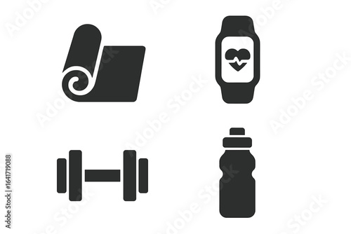 Fitness icon set. Solid vector illustration of exercise equipment. Yoga mat, fitness tracker, heart rate monitor, gym dumbbell and water bottle. Healthy active lifestyle, workout trends symbols.