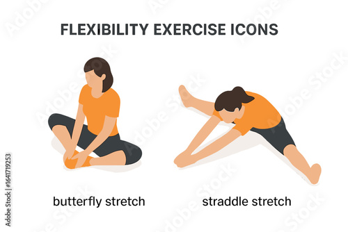 Flexibility exercise icons set. Isometric vector illustration of women doing butterfly stretch and straddle stretch. Seated stretching poses for flexibility improvement, fitness, wellness concept.