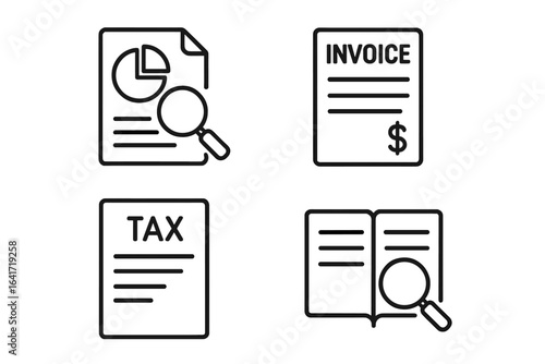 Set of 4 accounting and audit line icons. Financial report, audit, analysis, invoice, tax document, bookkeeping, business inspection, record review. Web, app, finance, business concepts.