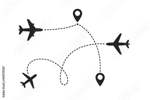 Airplane flight routes with line traces and location pins, aircraft tracking vector illustration, plane travel paths, map pins, airline routes, travel navigation concept