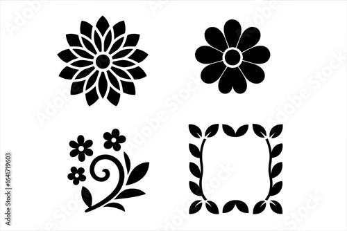 Decorative floral icon set. Black solid flower mandala, blooming petals, stylized daisy, ornamental swirl, leafy frame border. Botanical vector pattern for design, logo, sticker, print.