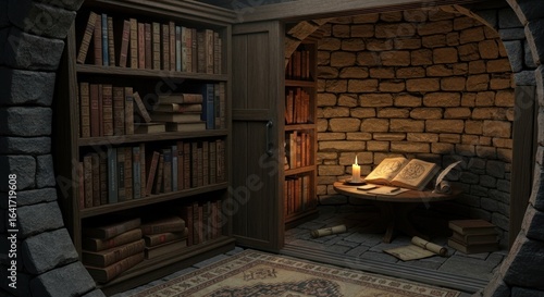 Secret chamber for study and research, a hidden library filled with ancient knowledge and historical tomes.