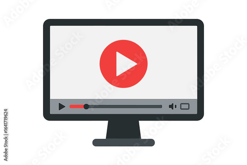 Vector illustration of computer monitor displaying online video player, play button, streaming interface, web media controls, digital video concept, multimedia screen, transparent background