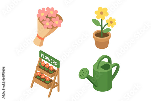 Isometric flower market vector icons set, floral bouquet, potted plant, flower shop stand, watering can, gardening tools, springtime decoration, florist store display, gardening supplies illustration