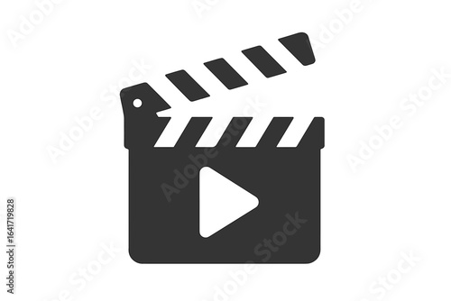Black clapperboard icon with play button in flat style, movie film clapper board vector illustration, cinema production tool, film slate on transparent background, media video symbol