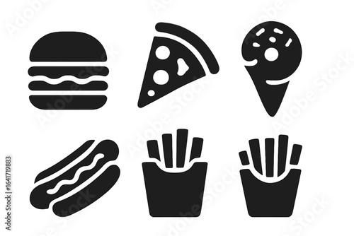 Fast food cravings icon set. Solid vector illustration of burger, pizza slice, donut, ice cream cone, hot dog, french fries. Modern black food silhouettes for menu, sticker, logo, infographic