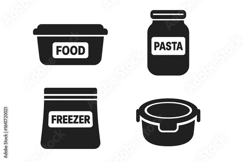 Food storage vector icon set. Solid glyphs of labeled containers, pasta jar, freezer bag, and airtight lunch box. Meal prep, kitchen organization, and food preservation concept.
