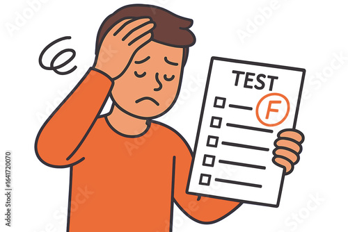 Failing grade on test, failed exam, academic frustration, student with poor results, bad score, low marks, stress and disappointment concept, education problems, upset student cartoon illustration