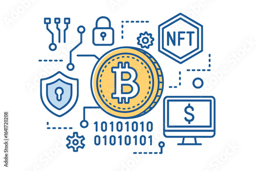 Cryptocurrency blockchain technology concept with bitcoin, digital currency, NFT, cryptography, data security, fintech, secure network, online payment, electronic transaction vector illustration