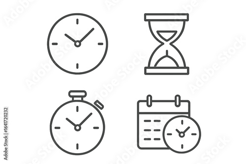 Minimalist time and clock icons set, simple vector illustration of timer, stopwatch, alarm clock, hourglass and calendar, modern digital and analog time management symbols