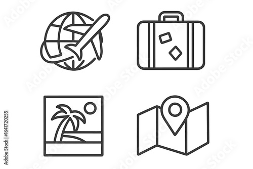 Global travel icons set collection. Vacation airplane globe, suitcase luggage, beach palm tree, location pin map. Minimalist line style tourism journey symbols. Adventure concept design elements.