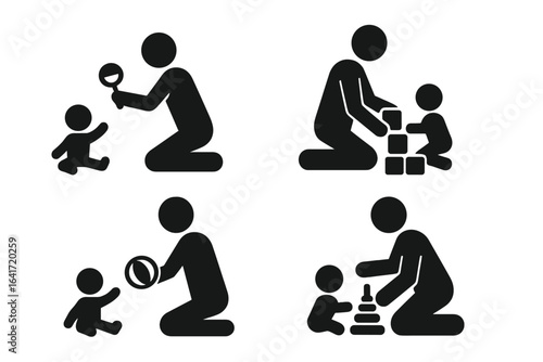 Father and Baby Playtime Silhouette Icons, Dad Playing with Infant Educational Toys, Rattle, Blocks, Ball, Stacking Rings, Early Childhood Development, Parenting, Family Bonding Vector Illustration